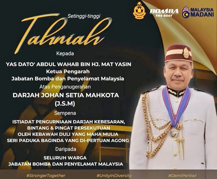 selangor_bomba's tweet photo. Seluruh Warga Kerja Bomba Selangor Mengucapkan Setinggi-tinggi Ucapan Tahniah Kpd YAS @KP_bombaJBPM Atas Penghargaan Darjah Johan Setia Mahkota (J.S.M) Sempena Istiadat Pengurniaan Darjah Kebesaran dan Pingat Persekutuan Oleh Kebawah DYMM Seri Paduka Baginda Yang Di-Pertuan Agong https://t.co/MYNDtc1NEd