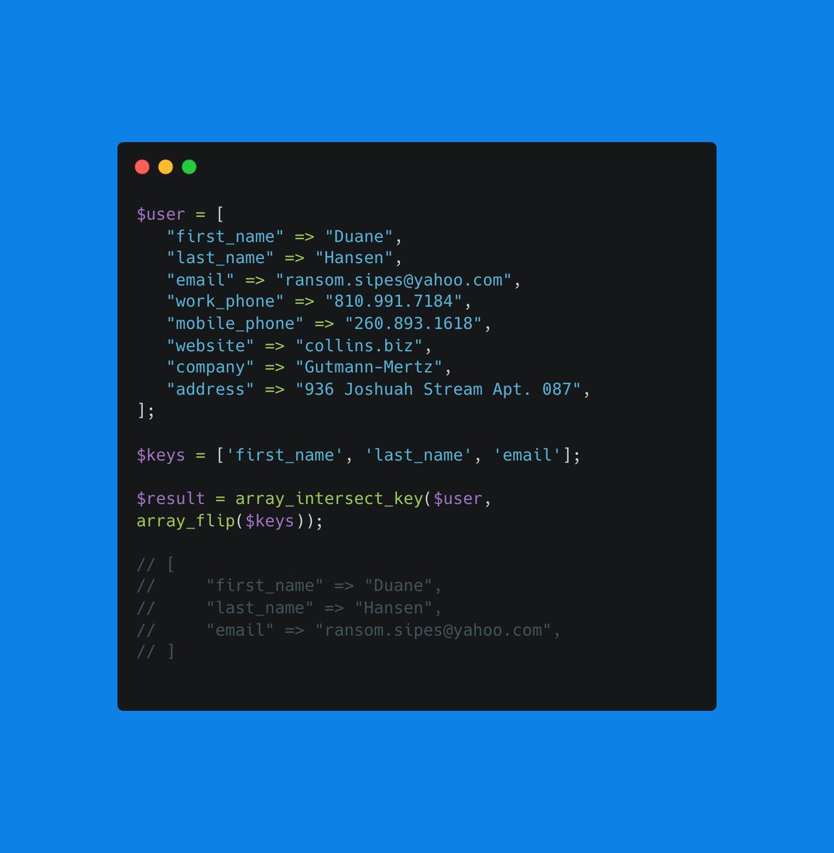 treybfoster's tweet image. Here's a cool little php trick if you didn't know:
🔑 Simplify code & extract specific attributes effortlessly in PHP: Use array_flip() to create new array with keys as values, then filter using array_intersect_key(). #PHP #CodeSnippet