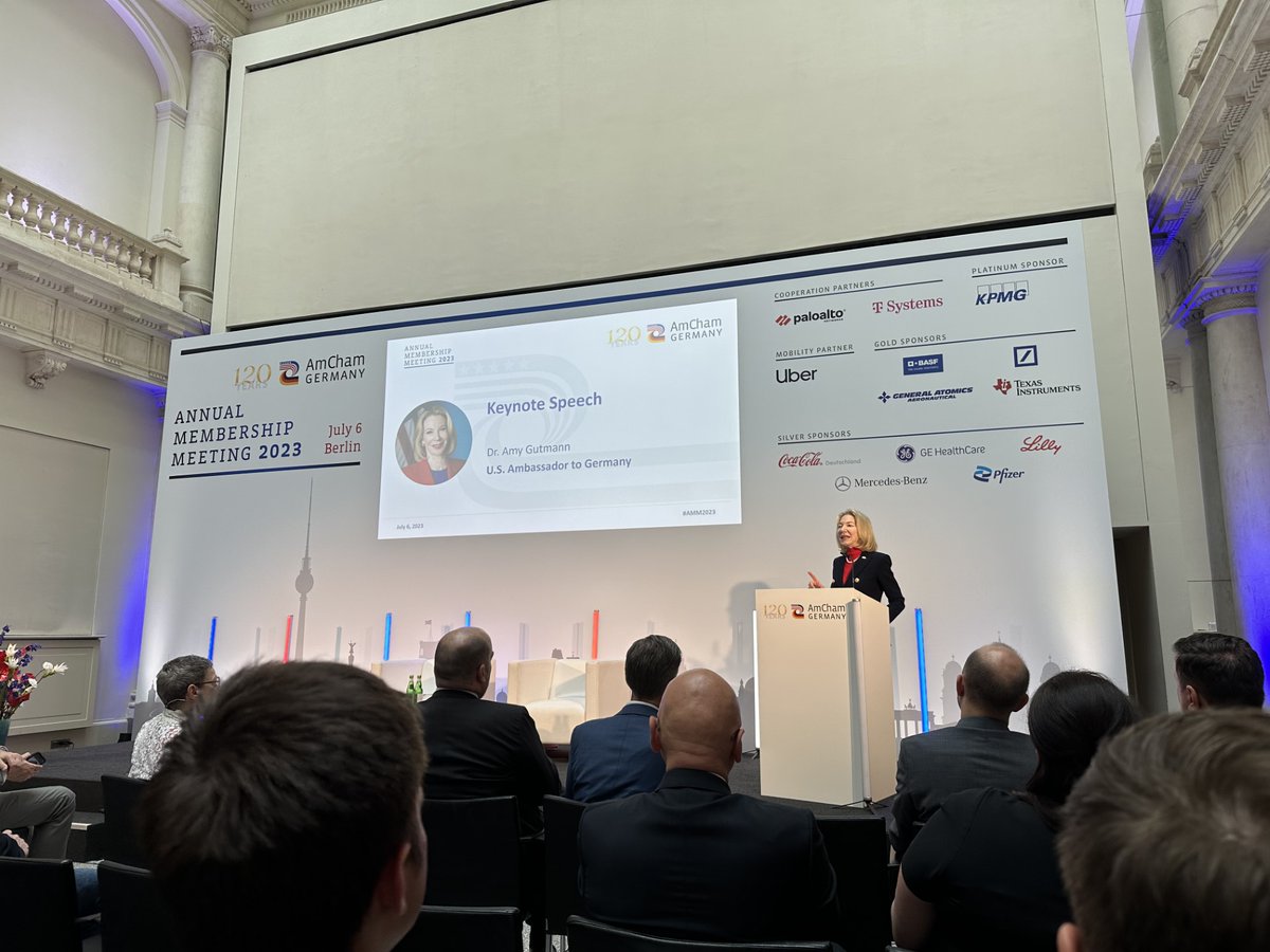 ekurek's tweet photo. Proud #American moment, seeing @USAmbGermany   on stage at the @AmChamGermany Annual Meeting in #Berlin. "We must connect #German and American enterprise and efficiency and ensure a #sustainable and #inclusive environment with shared values." @StateDept #AMM2023 https://t.co/PBJ1f2fUu4