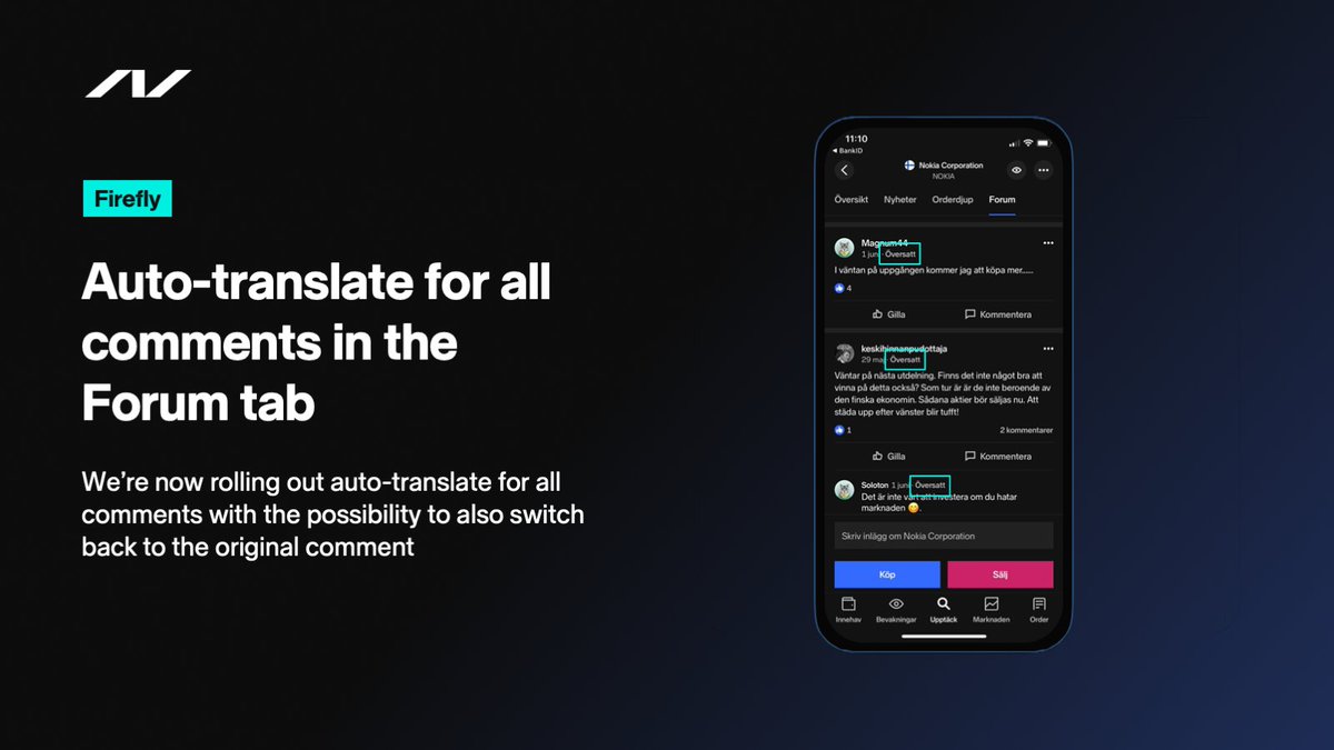 RJarborg's tweet photo. A couple of summer releases of the @Nordnet app:
* Auto-translate makes a welcome return to Shareville comments in the app
* You can now (finally!) reply to messages in the app. 

These releases are part of our #standaloneapp program.

#alwaysbeshipping $SAVE https://t.co/f4MvE8MQp2