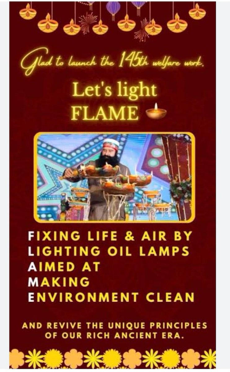 akanksha_vaish's tweet photo. Saint Dr. Gurmeet Ram Rahim Singh Ji Insan initiated FLAME Campaign in which one should light earthen lamps in morning and evening, which not only purifies the air but also dispels the darkness of negativity and has positive effect on the mind.
#Flame
#LightUpFlame
#SaintDrMSG https://t.co/fhkNvkaH3g