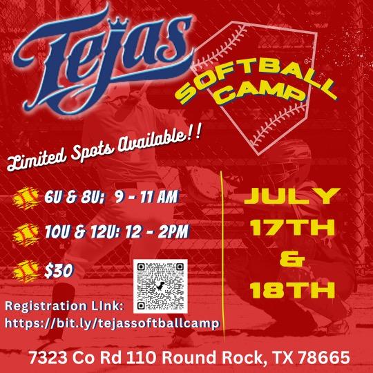 tejas_baseball's tweet photo. Tejas Softball camp sign up here! 6U-12U for July 17th &amp; 18th  ❤️🥎❤️

Who wants in??? Hurry before the spots fill up

https://t.co/2WsuHbyg0Q https://t.co/yvh5YscFJY