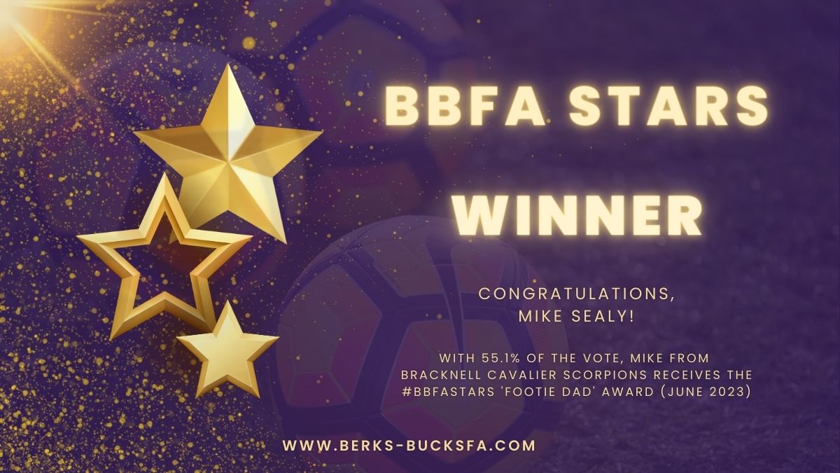BerksandBucksFA's tweet photo. WINNER | Congratulations to Mike Sealy (@MikeSealy7) of @CavScorpions, winner of the June 2023 #BBFAStars ⭐️ 'Footie Dad' Award, receiving 55.1% of the public vote on Twitter! 🥳

#BerksBucksFA #TogetherWeAreFootball #ForAll https://t.co/7h4jHbVLZa