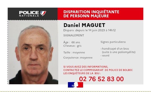 #AppelATémoins Disparition inquiétante de Daniel MAGUET, 66 ans, depuis son passage aux urgences du CHI de #Lillebonne
le 14 juin dernier à 14h12.
Il n'a ni téléphone, ni voiture.
Handicapé d'un bras, il est sourd.

Les 👮‍♀️👮‍♂️ de @VilleBolbec sollicitent votre aide. Merci de vos RT