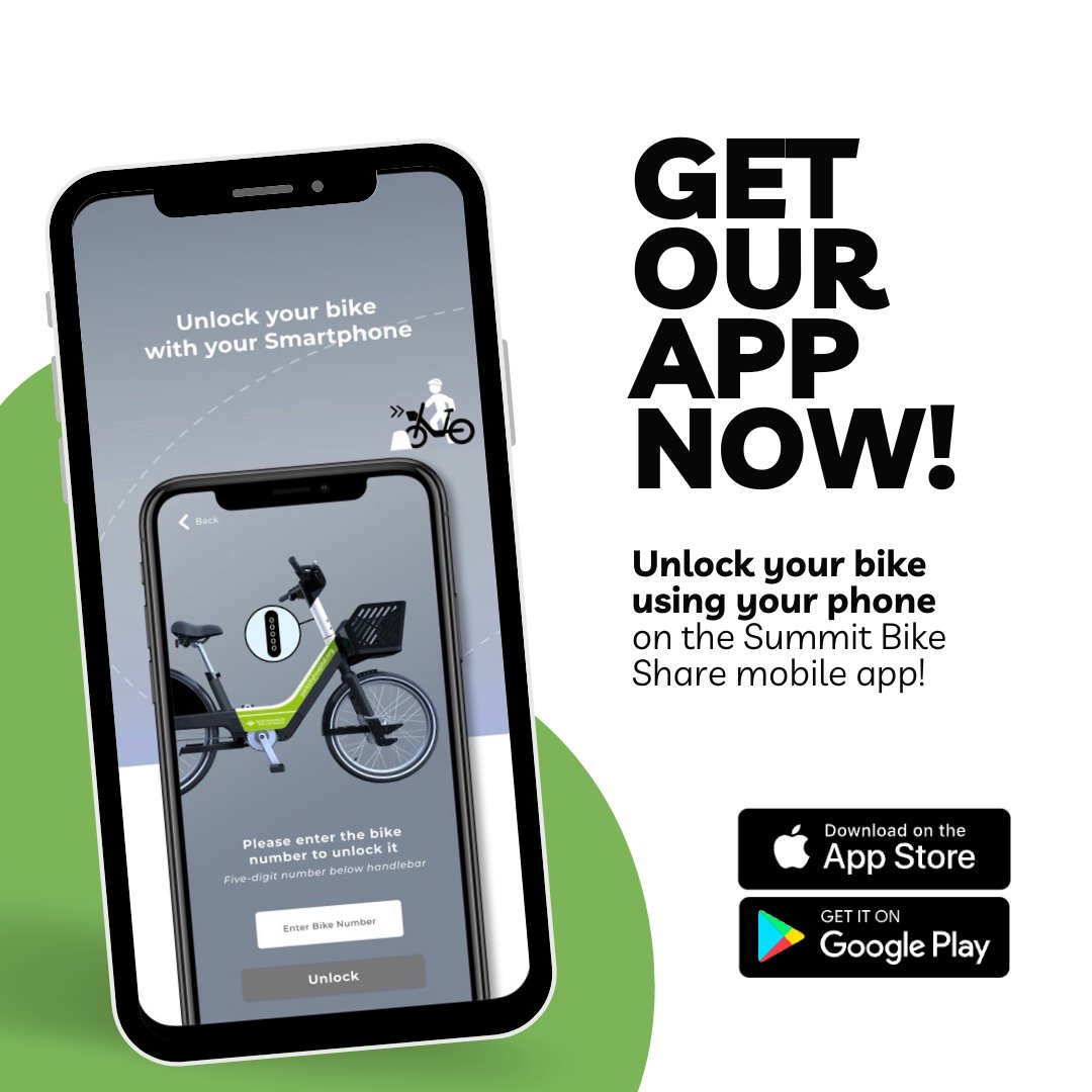 Download the Summit Bike Share mobile app to unlock your bike right from your phone! Available on the Apple App Store or get it on Google Play.
