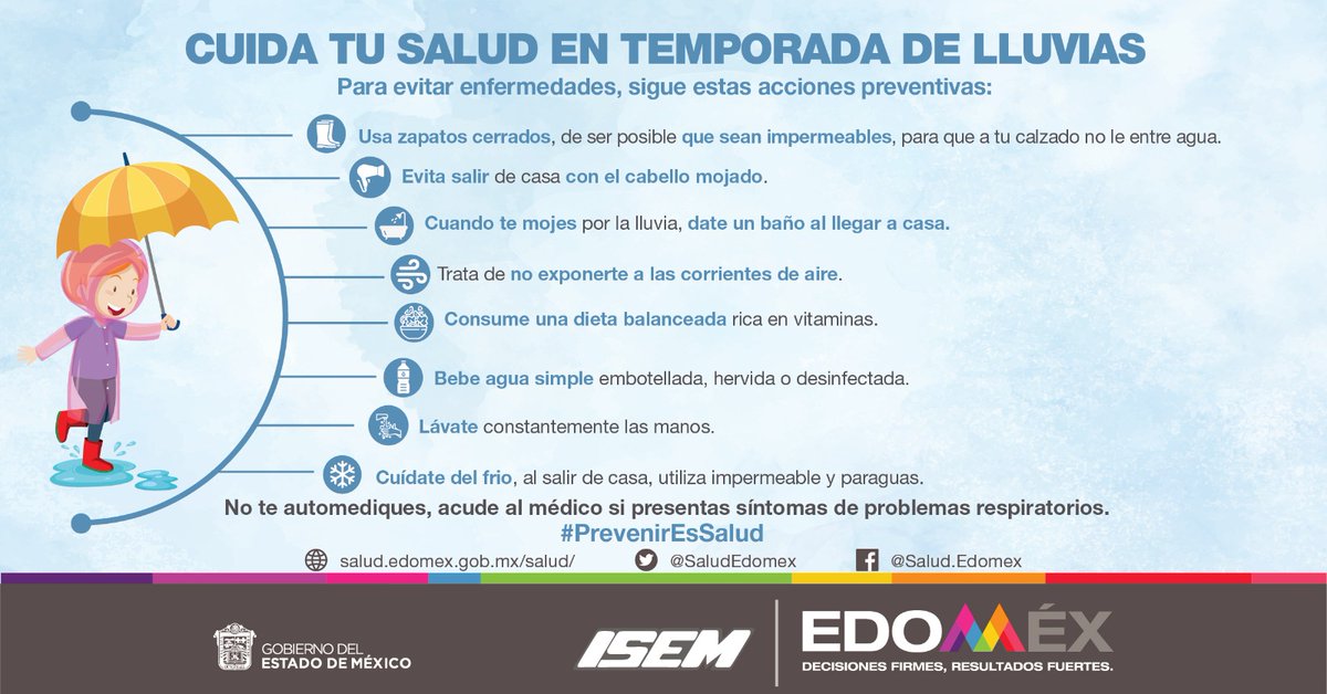 SubdireccionC's tweet photo. En esta #TemporadaDeLluvias ☔️ es importante extremar precauciones; la prevención y autoprotección evita daños a la salud, por ello sigue estas recomendaciones. #PrevenirEsSalud @SaludEdomex https://t.co/btgjnRxTx2