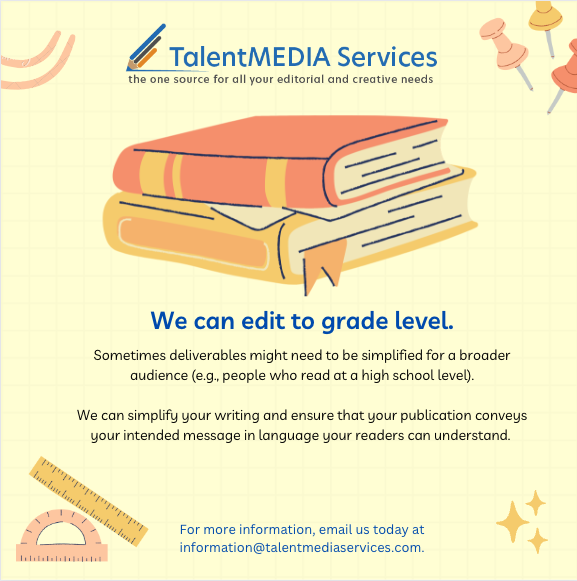 TalentMedia4's tweet photo. We can simplify your writing and ensure that your publication conveys your intended message in language your readers can understand. Contact us today at information@talentmediaservices.com.
#editing #gradelevelreading #gradelevelediting #editingservices #contactustoday #wecanhelp https://t.co/g5JT2zCpyN
