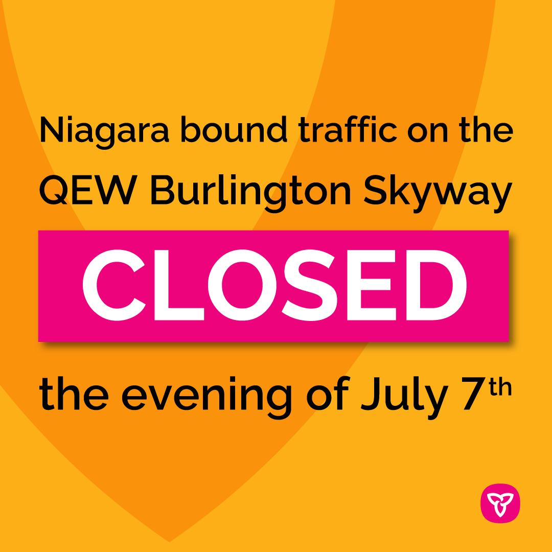 This evening, July 7 from 8 pm to 9:30 am, there will be a full closure of #Niagara-bound traffic on the QEW Burlington Skyway for critical repairs. 

Travellers can visit 511on.ca or <a href="/511Ontario/">511Ontario</a> for updates on work and traffic impacts.