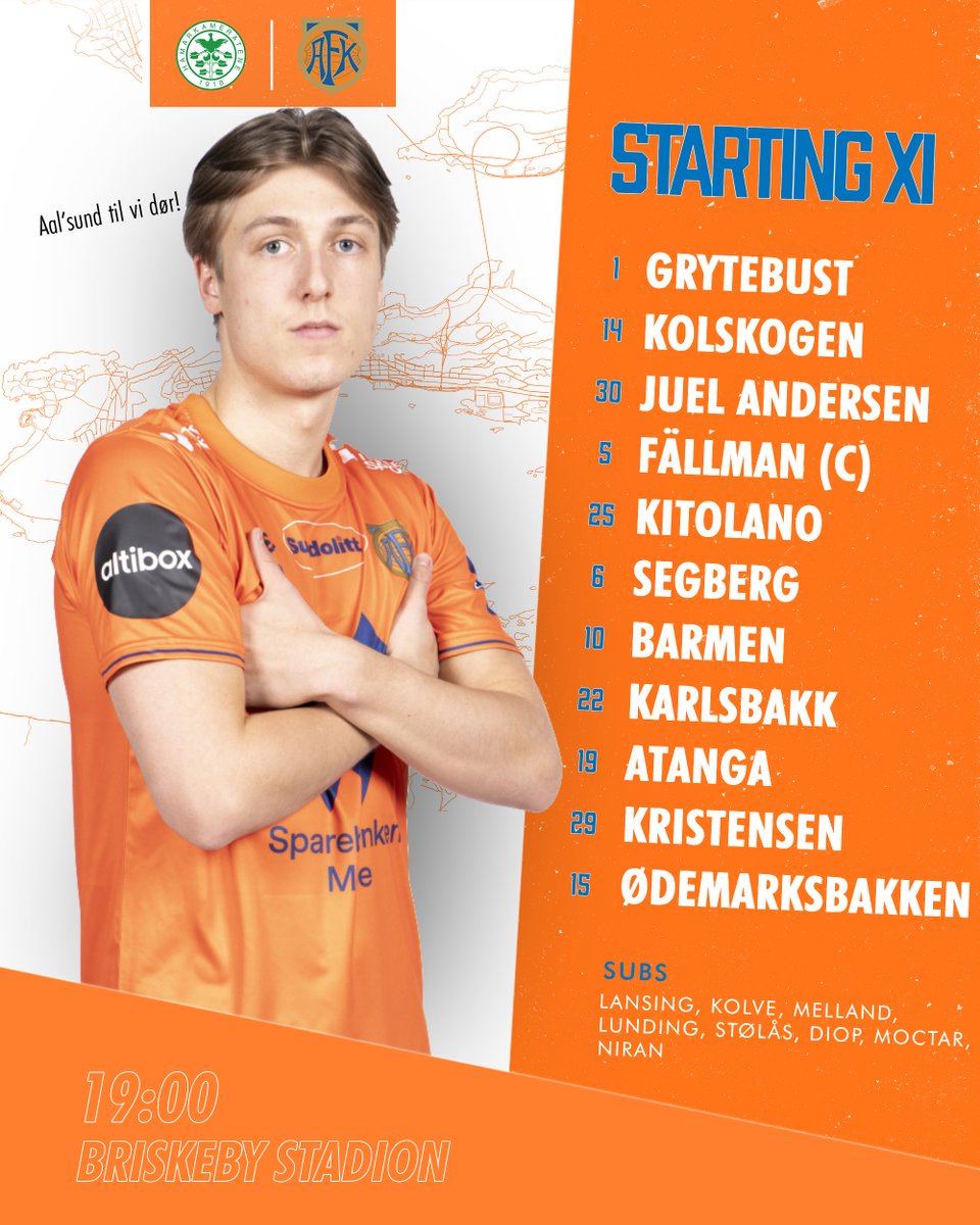 AalesundsFK_EN's tweet photo. 🚨 AAFK STARTING XI VS HAMKAM 🚨

Just one change from last weekend, #Kolskogen comes in for #Munksgaard 👊

#AaFK https://t.co/ixrEo5V5sd