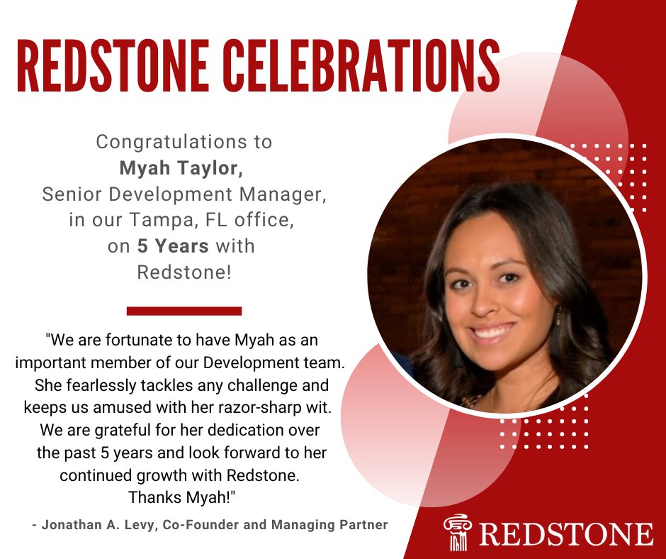 This Sunday July 9th will mark Myah Taylor’s 5-year anniversary with Redstone Investments! We are so grateful to have you as a part of our team and are looking forward to the years to come. Thank you for all that you do - Congratulations and Thank You, Myah!

#TeamRedstone