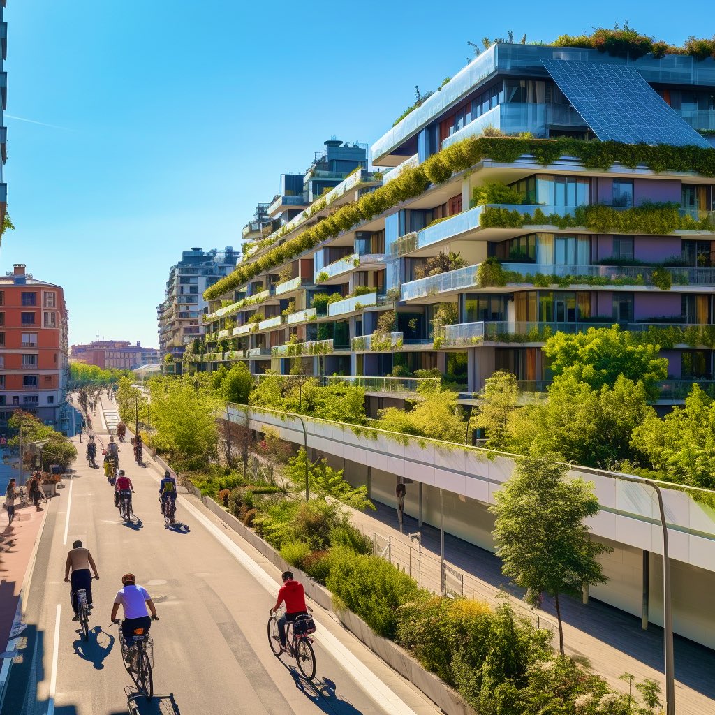 Earthbasedsoul's tweet photo. Let’s add some humans: arge midrise eco building, with solar panels, roof garden, people and bikes in the streets, by stefano boeri, 8k - ar 16:9
#solapunk #city https://t.co/CVr5bPTUF4