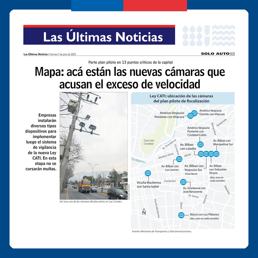 MTTChile's tweet photo. #PrensaMTT🗞️ ¡El plan piloto de #leyCATI ya está en marcha!

📷 Instalamos 13 cámaras de prueba en puntos críticos de la ciudad para revisar el funcionamiento de la tecnología.

+ info en la nota de @lun https://t.co/vZsuaDDfpP