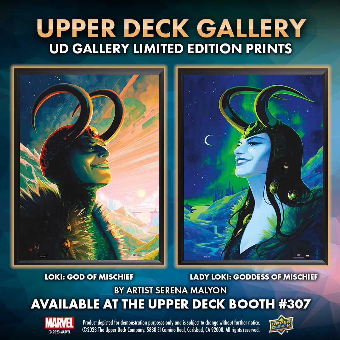 UpperDeckEnt's tweet image. Announcing Upper Deck Gallery's latest limited edition #Marvel Gallery Prints, Loki: God of Mischief and Lady Loki: Goddess of Mischief by artist Serena Maylon! Add these stunning pieces to your collection at Upper Deck's #SDCC booth and at UpperDeckStore.com on July 19!