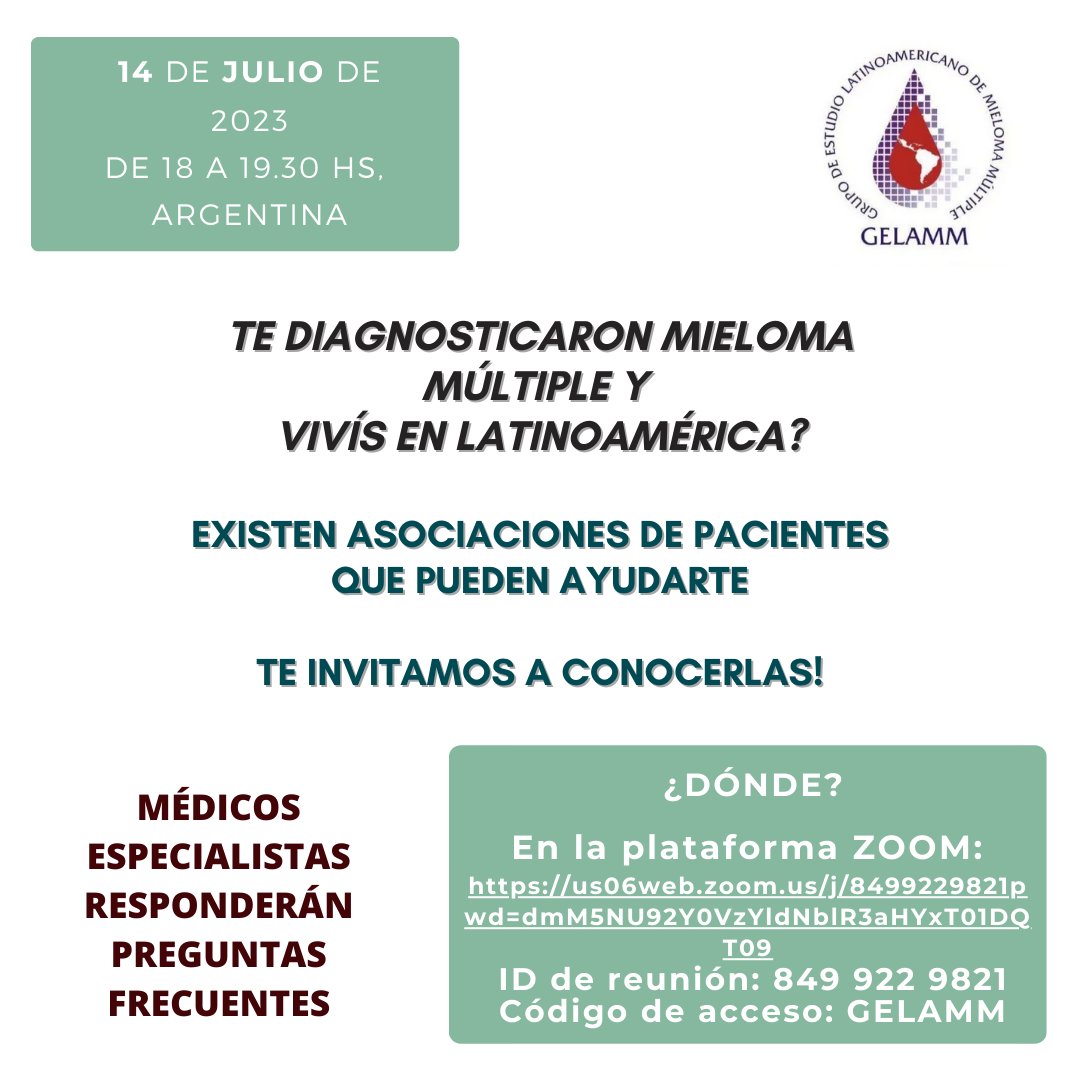 Próximo viernes 14/7
Los esperamos!
<a href="/ChileMieloma/">Fundacion Mieloma Chile</a> <a href="/amemmMX_mieloma/">AMEMM</a> <a href="/pacientesuy/">ALIANZA DE PACIENTES URUGUAY</a> <a href="/chano_py/">Cristobal Frutos</a> <a href="/RedAlianzaL/">Alianza Latina</a> <a href="/EsMieloma/">EsMieloma</a>