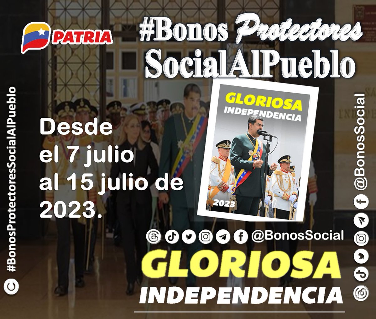 Nuevo bono de @CarnetDLaPatria gloria independencia del 7 al 15 de julio bs 120. @NicolasMaduro @AgusGarcia  @AudelinaRamire7 @Catirajulissa @Juancar08732675 @dayainformave @ANDERESPINA @nanunsc2 @FumigacionesNM @Anaconda625 @josegrerio  #RedParlamentariaJuvenil