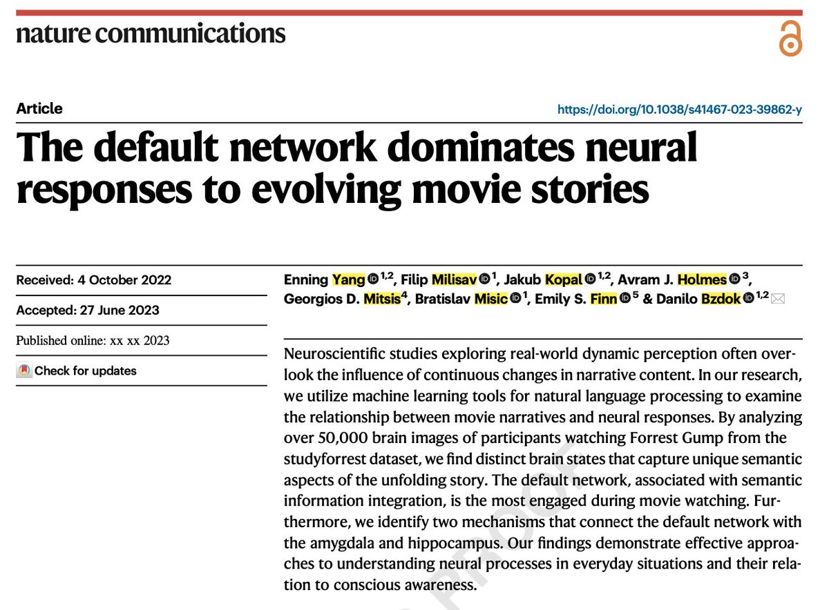 Upcoming work driven by @EnningYang98 + @KopalJakub ! We show that #NLP can be used on 2-hour movie video/audio to link moment-level #semantic #structure to dynamic neural activity responses Thanks for the great collabo: @esfinn @misicbata @milisav @AvramHolmes @AvramHolmes !!