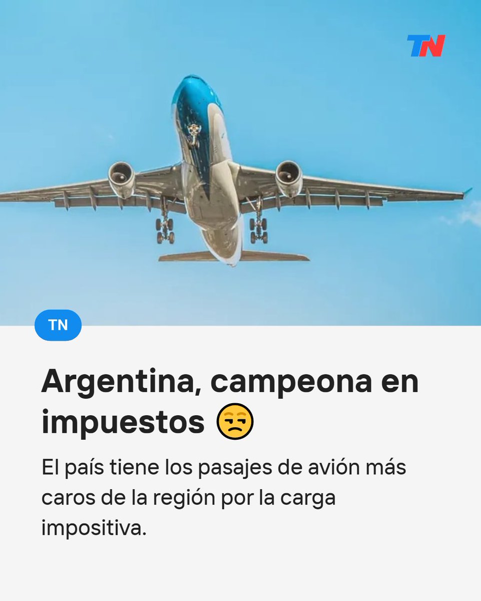 La Argentina lidera el ranking de los países de América del Sur con los vuelos más caros, tanto locales como internacionales.  todonoticias.info/3D7Ob3C

La principal causa radica en la elevada carga impositiva sobre el valor de los pasajes.

En los vuelos al exterior, los precios