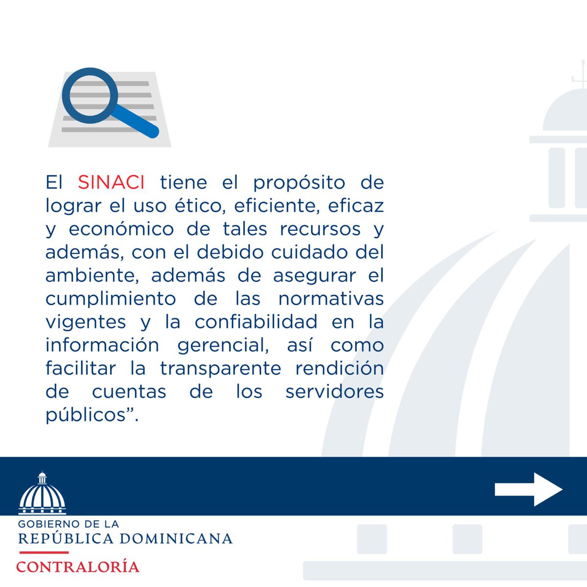 ContraloriaRD's tweet photo. La Contraloría General de la República es el organismo responsable del diseño, vigencia, actualización y supervisión del sistema de control interno del sector público, que incluye el funcionamiento de las Unidades de Auditoría Interna.
#SINACI #Controlinterno #Transparencia https://t.co/H2ivwJIHis