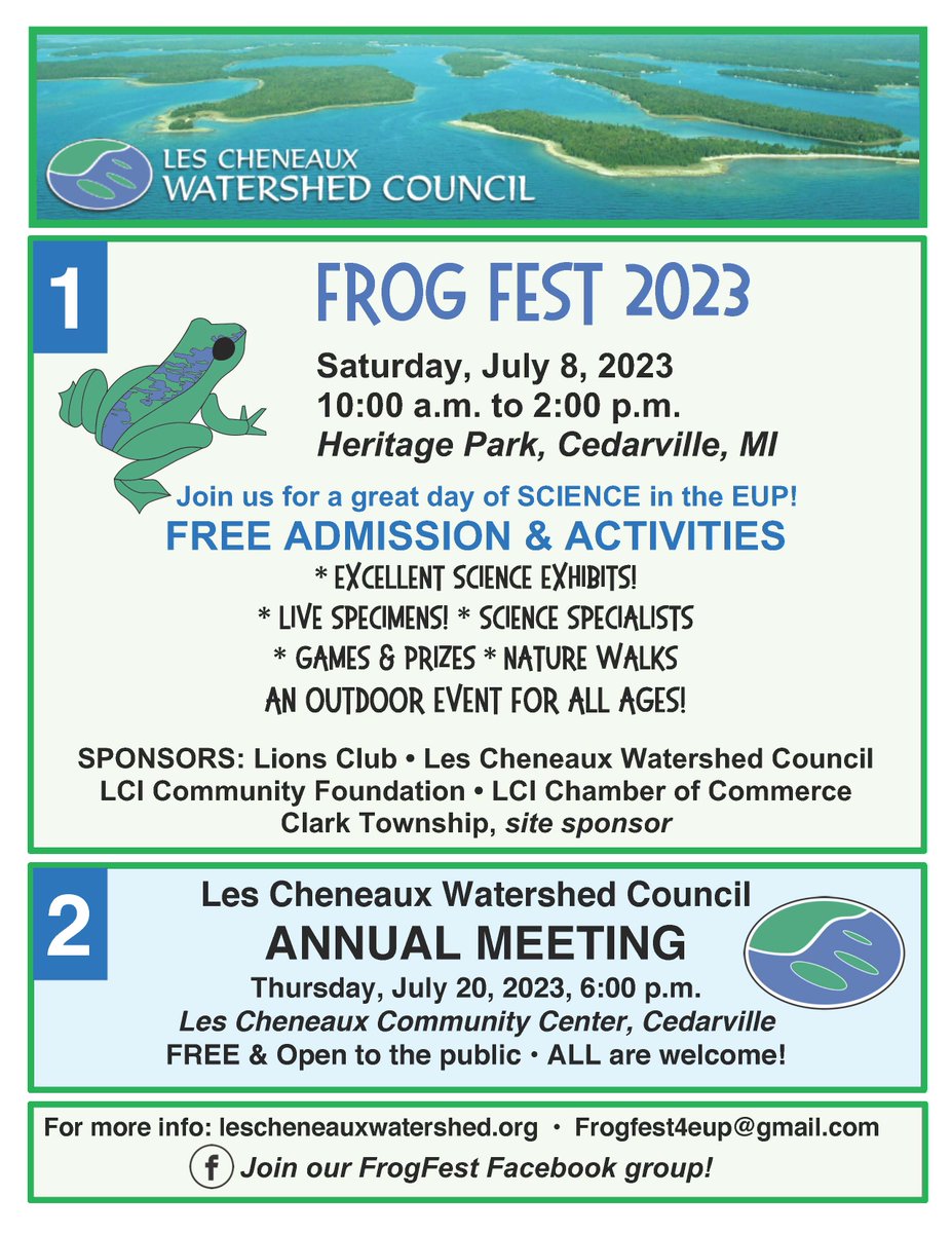 LSSU_CFRE's tweet photo. Come see us at Frog Fest tomorrow!
#CFRE #LSSU #Freshwater #Research #Education #Stewardship #GreatLakes #MyLakeState #LakerPride #ThisIsLakeState #LSSUperior https://t.co/4FZpyn36Qb