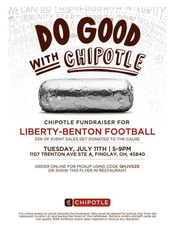 🌯 No need to cook on July 11! Liberty-Benton Football is hosting a Chipotle fundraiser at the Findlay location! Just show up during our time block and show the flyer or order online for pick-up but be sure to use the code! Your support is greatly appreciated! #WeAreLB