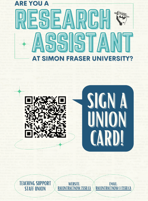 ‼️PLEASE READ AND SHARE WIDELY‼️

If you are a RESEARCH ASSISTANT at Simon Fraser University, or know someone who might be one, I've got great news:

RAs can sign their <a href="/TSSU/">TSSU</a> union card ONLINE NOW: 🚨RAcontractNOW.tssu.ca/sign🚨

(it takes just a few seconds)
