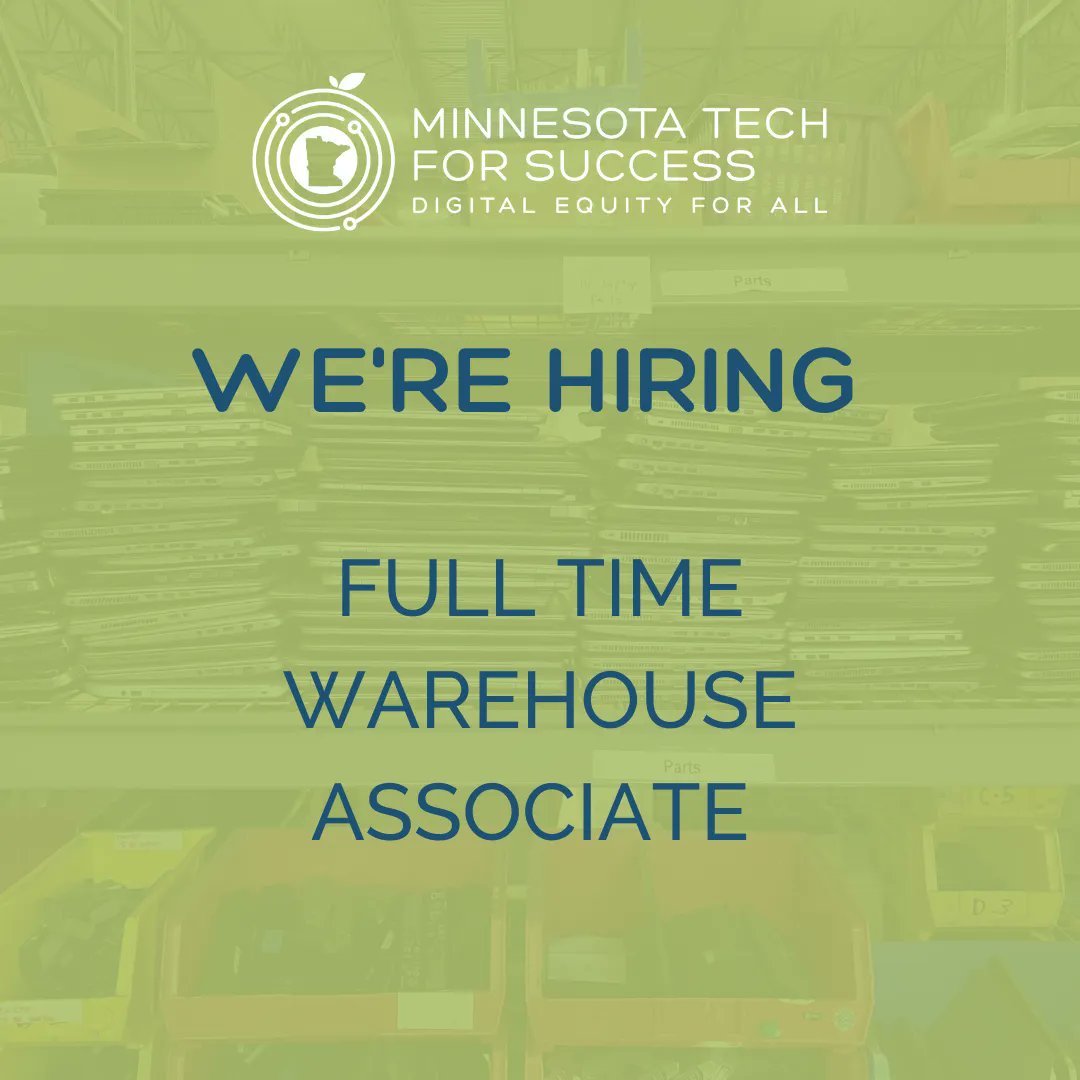 We're hiring a Full-Time Warehouse Associate! They will be responsible for computer donation transportation and processing computer equipment, and will help ensure that donations are being processed, inventoried, and data removed. buff.ly/3NDyne1 #hiring #techforgood