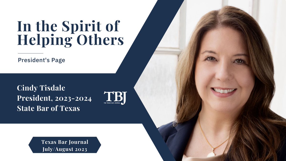 statebaroftexas's tweet photo. In the July/August issue of the Texas Bar Journal, State Bar President Cindy Tisdale discusses the initiatives she intends to pursue during her presidential term.

Read the full President’s Page here: https://t.co/as1i6GWveg

#LegalReads #TexasBarJournal https://t.co/W1IERGcOir