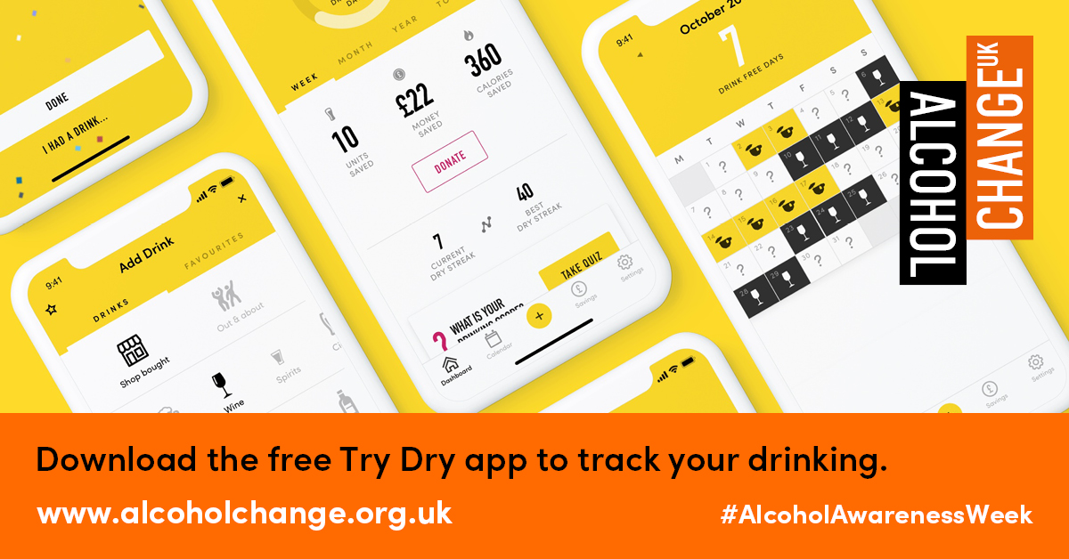 Tale control of your drinking this #AlcoholAwarenessWeek and save money, improve your health and so much more. Use the free Try Dry app to help you keep track and set goals to help you cut down. alcoholchange.org.uk/alcohol-facts/…