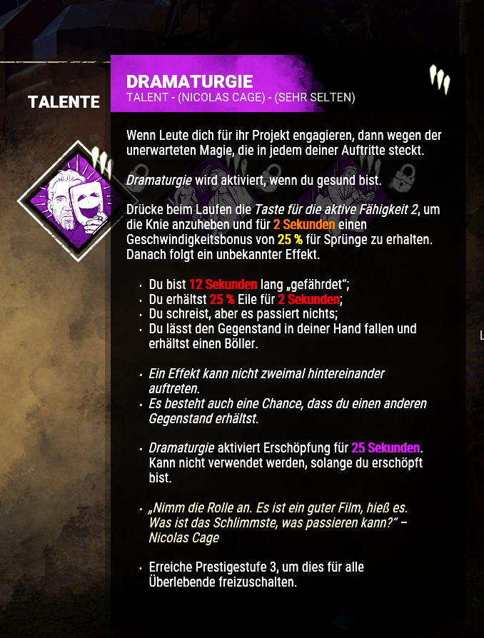 MyxirDBD's tweet photo. @DeadByBHVR_DE Die Perkbeschreibung von Dramaturgie ist bei der deutschen Sprache fehlerhaft. Anstelle von 40 Sekunden Erschöpfung steht dort 25 Sekunden. Ist etwas unglücklich, wenn man sich auf die Informationen verlässt und diese falsch weitergibt :c https://t.co/zYq582AvXO