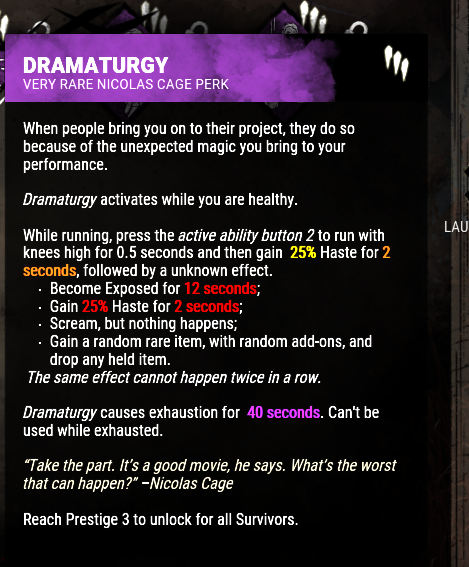 MyxirDBD's tweet photo. @DeadByBHVR_DE Die Perkbeschreibung von Dramaturgie ist bei der deutschen Sprache fehlerhaft. Anstelle von 40 Sekunden Erschöpfung steht dort 25 Sekunden. Ist etwas unglücklich, wenn man sich auf die Informationen verlässt und diese falsch weitergibt :c https://t.co/zYq582AvXO