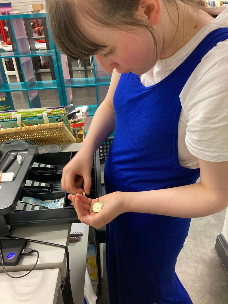 Vision25CIO's tweet photo. Liberty was our sales assistant this morning at Preloved-at-V25 as you can see she was managing money, pricing up new donations and putting them on the shop floor for sale. Well done Liberty, you did a great job and made us all proud ❤️❤️ https://t.co/z0GXDYePYS