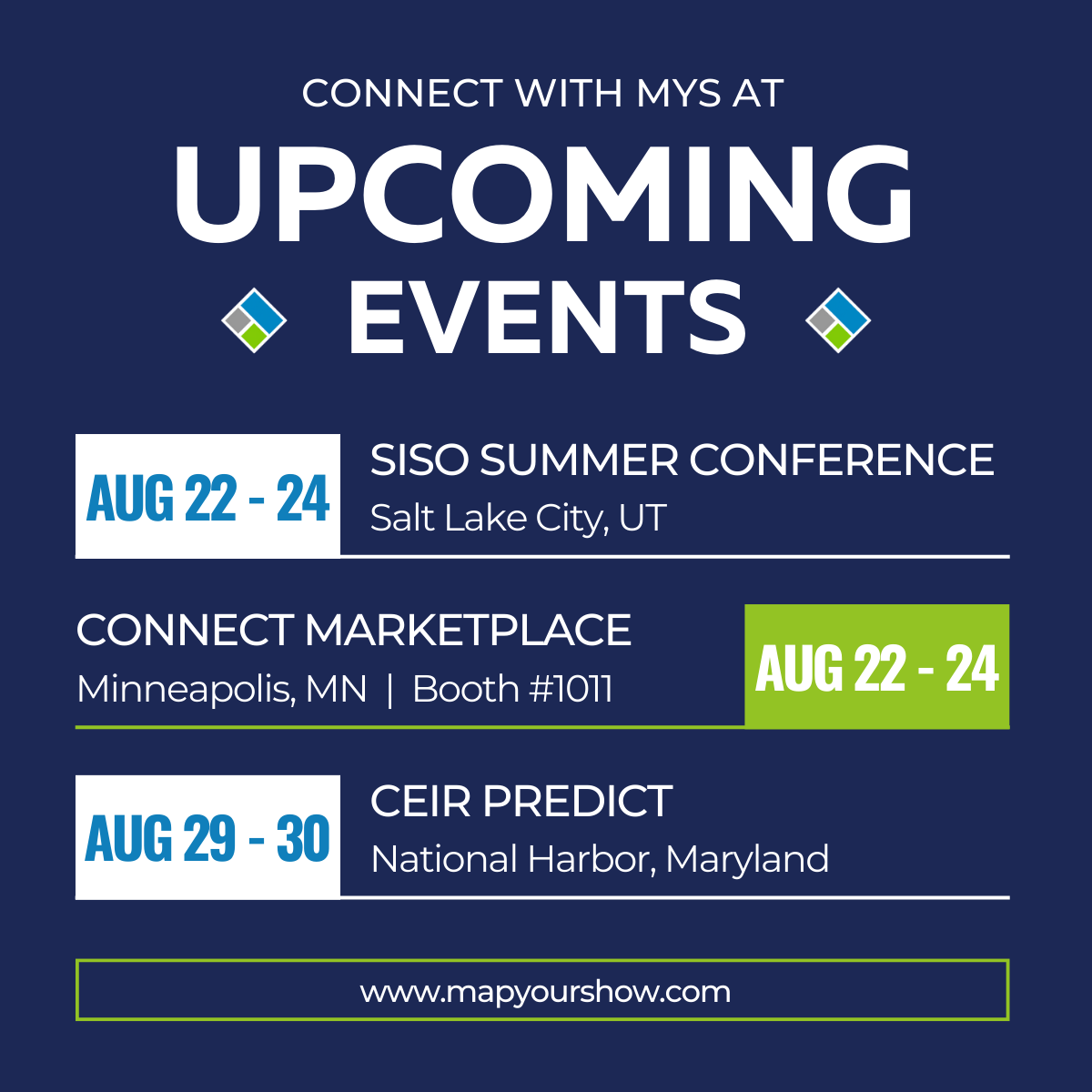 MapYourShow's tweet image. These events will be here before you know it! Catch our team for a chat.
@SisoOrg @connectmeetings @CEIR_HQ #TradeShowTech #EventTech #EventManagement #EventProf