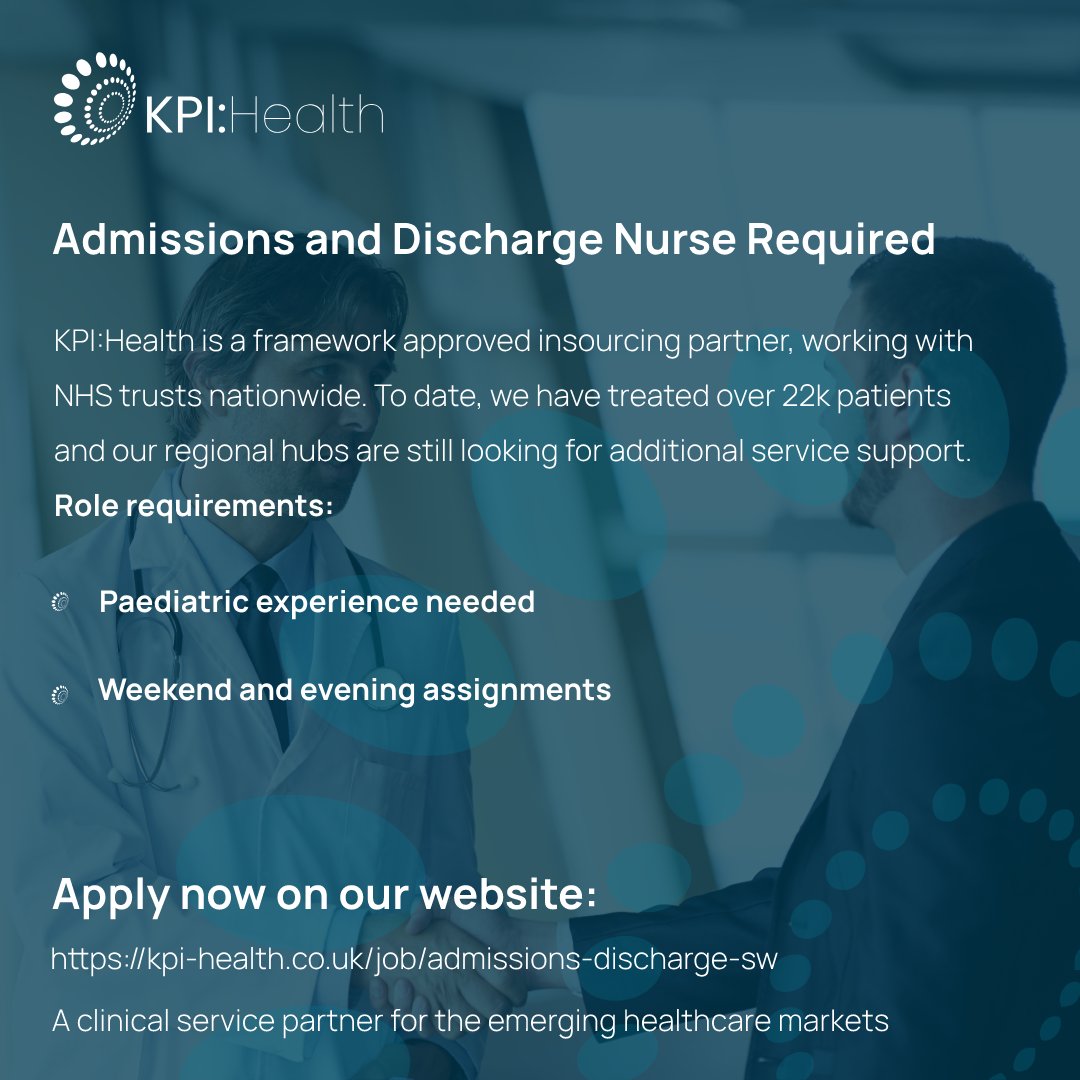 KPI Health (@kpihealth) on Twitter photo KPI:Health are now seeking discussions with Admissions and Discharge Nurses (Outside IR35)
Job Location: South West
Salary: £500
💻 kpi-health.co.uk/job/admissions…
✉️ Jack.smith@kpi-health.co.uk
#healthcare #recruitment #jobposting #nurses #paediatric KPI:Health are now seeking discussions with Admissions and Discharge Nurses (Outside IR35)
Job Location: South West
Salary: £500
💻 kpi-health.co.uk/job/admissions…
✉️ Jack.smith@kpi-health.co.uk
#healthcare #recruitment #jobposting #nurses #paediatric