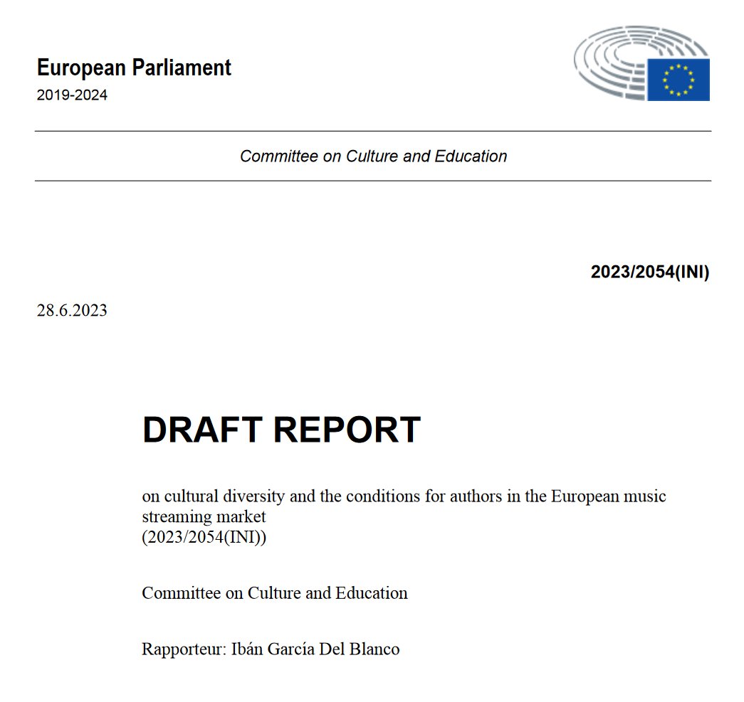 🚨 Just published: @Ibangarciadb's highly anticipated <a href="/EPCulture/">CULT Committee Press</a> draft report "Cultural Diversity and the Conditions for Authors in the European #MusicStreaming Market".

🎶 Sustainable ecosystem for #authors
🎶 Prominence &amp; discoverability
🎶 Ethical use of #AI

ℹ️ More info 👇