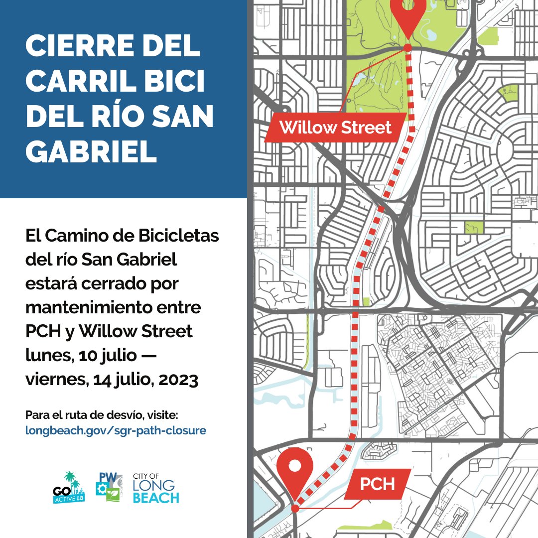 GoActiveLB's tweet photo. 🚲 The San Gabriel River Bicycle Trail between Pacific Coast Highway and Willow Street will be temporarily closed for maintenance July 10th - 14th, 2023. 

For a map of the detour route, visit 🔗 https://t.co/kCAb3x8vm7 https://t.co/90Nq63YjV6
