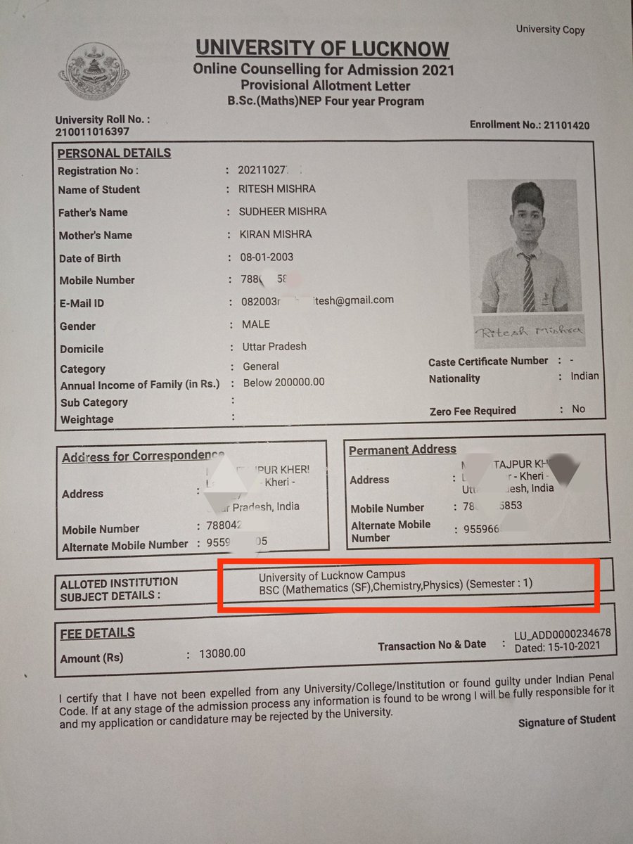 RiteshM18327478's tweet photo. I Ritesh Mishra BSc2nd year student of lucknow University
At the time of addmission in Lucknow university my alloted subject are Maths (SF),Chemistry,Physics but currently in UDRC portal my all three subjects changes to SF and all semester fee also increased @dswlkouniv @lkouniv https://t.co/t6CkjspZzA