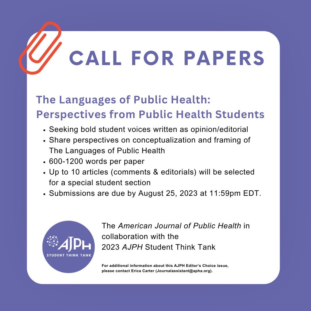 We’re excited to announces a call for student essays on the theme: The Languages of Public Health! Submissions are due by August 25, 2023 at 11:59pm EDT. See the link below for more detailed instructions and feel free to reach out with any questions! shorturl.at/fijxG