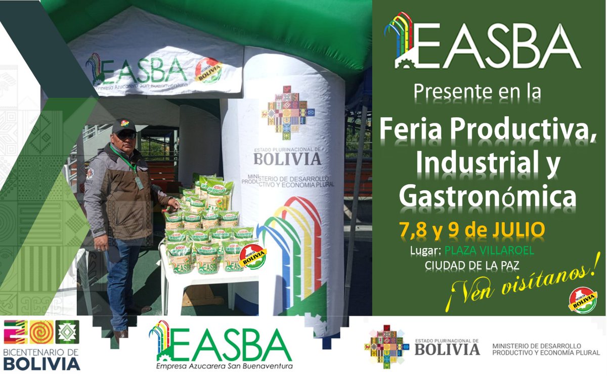 #EASBA | Presente en la gran "Feria Productiva, Industrial y Gastronómica - Hecho en Bolivia"📷, del 7 al 9 de julio, en la Plaza Villarroel de la ciudad de  #LaPaz.
¡Te esperamos!
#HechoEnBolivia📷
#gobiernodelaindustrialización📷📷📷
#UnidosRumboAlBicentenario📷