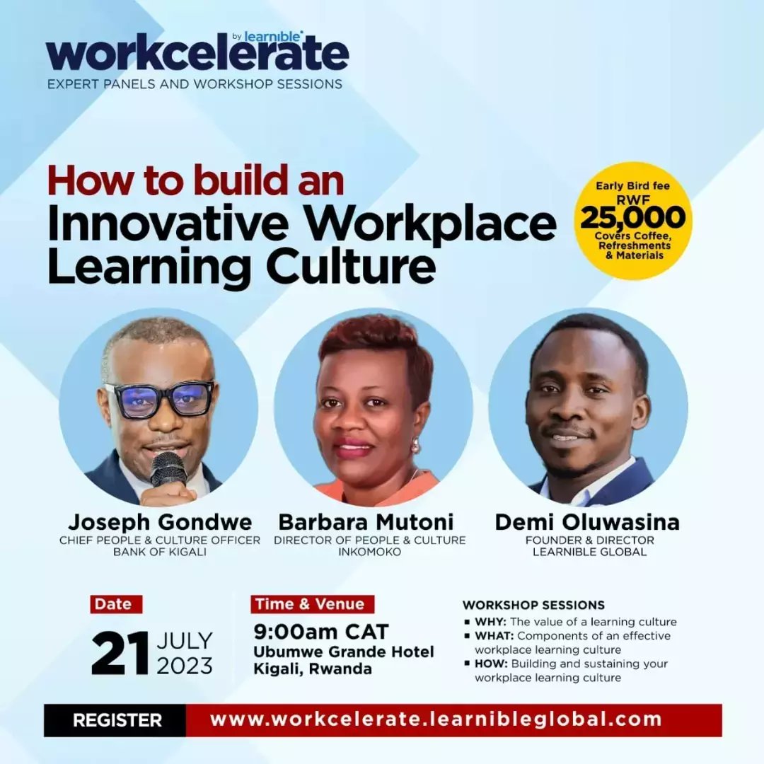 learnibleglobal's tweet photo. “Organizations that want to adapt and lead must be learning organizations”

You are cordially invited to join us for our Workplace Learning Workshop, scheduled for Friday, July 21st, starting at 9:00 am at the Ubumwe Grande Hotel.

Register at: 
https://t.co/TgpBnuS8Lg https://t.co/SlVvRZUC5y
