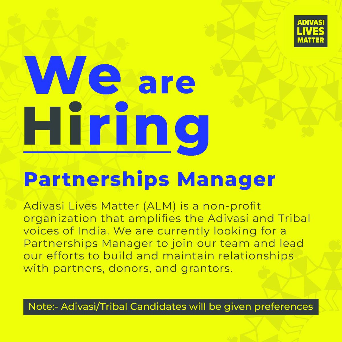 AdivasisMatter's tweet photo. ALM is looking for a Partnership Manager, if you are interested and fit into the mentioned eligibility criteria, APPLY NOW.

#hiring #HIRINGNOW #partnershipmanager #jobhiring https://t.co/bSgldXoSSL
