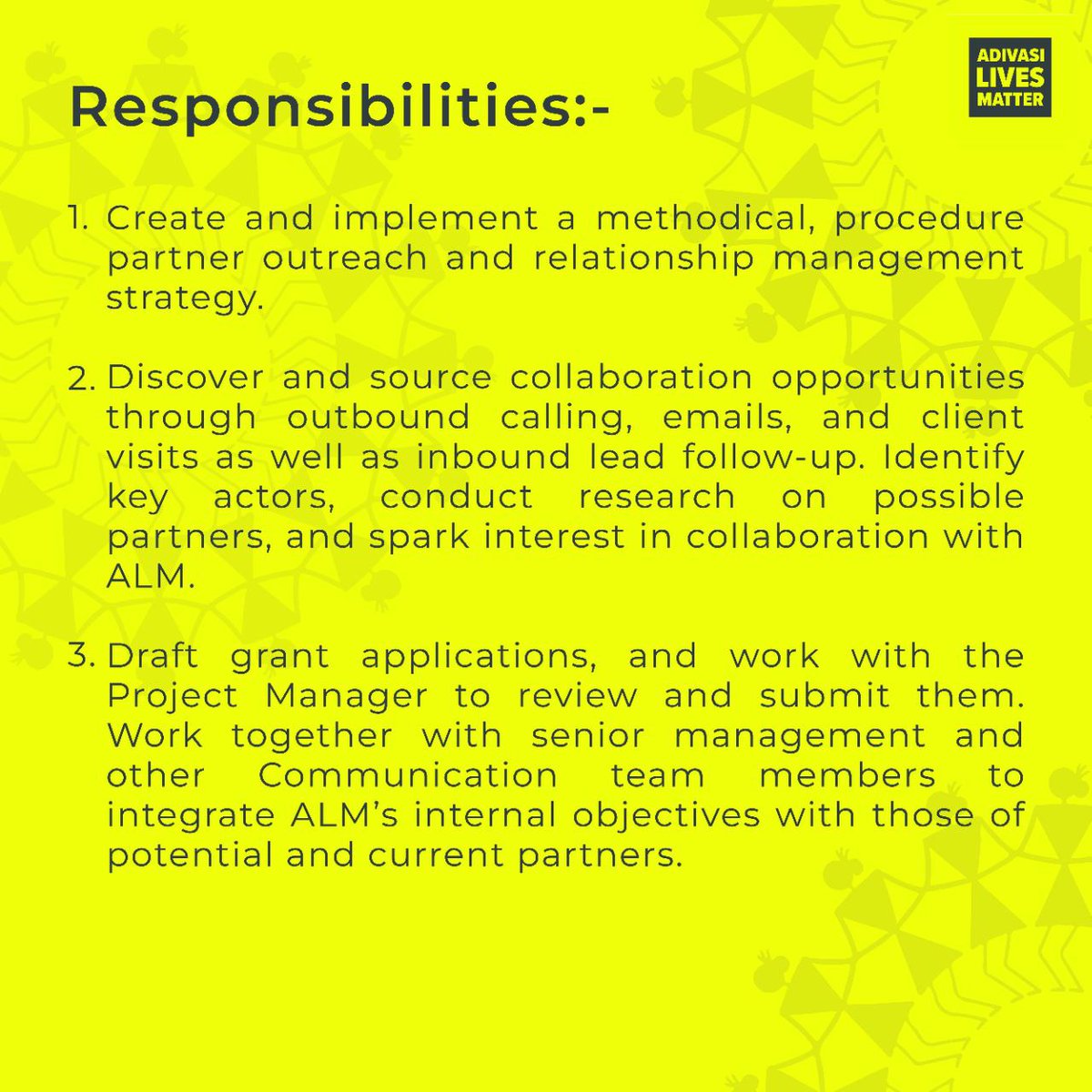 AdivasisMatter's tweet photo. ALM is looking for a Partnership Manager, if you are interested and fit into the mentioned eligibility criteria, APPLY NOW.

#hiring #HIRINGNOW #partnershipmanager #jobhiring https://t.co/bSgldXoSSL