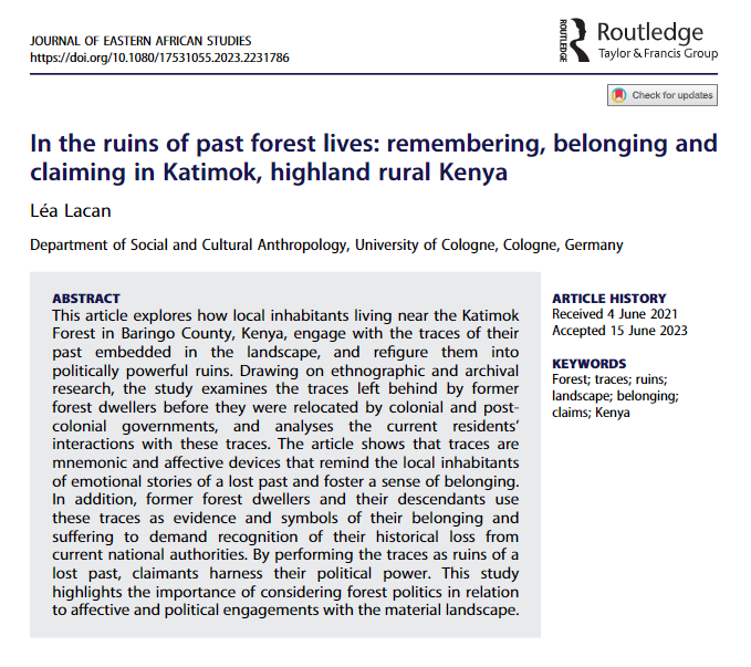 Now online:
In the ruins of past forest lives: remembering, belonging and claiming in Katimok, highland rural #Kenya
by <a href="/lacan_lea/">Léa Lacan</a> 
doi.org/10.1080/175310…
