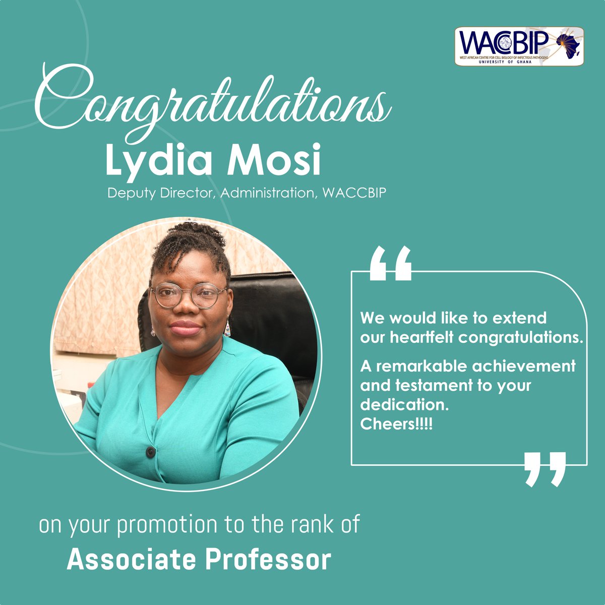 Hearty congratulation to <a href="/WACCBIP_UG/">WACCBIP</a> Deputy Director, Administration, Professor <a href="/msmosi/">Lydia Mosi</a>  on your promotion to the rank of Associate Professor.🎊✨
WACCBIP is proud of you!!