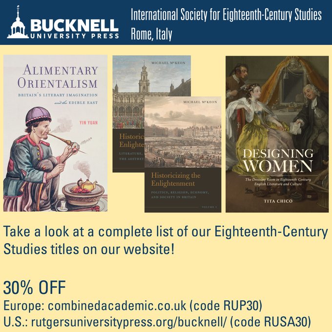 BucknellUPress's tweet image. #ISECS2023 attendees: Enjoy 30% all our eighteenth-century studies books through our European distributor @CAP_Ltd, or directly on our website. Use the codes below in your shopping cart!
@isecs_sieds 
For a complete list: tinyurl.com/4a9n9emn