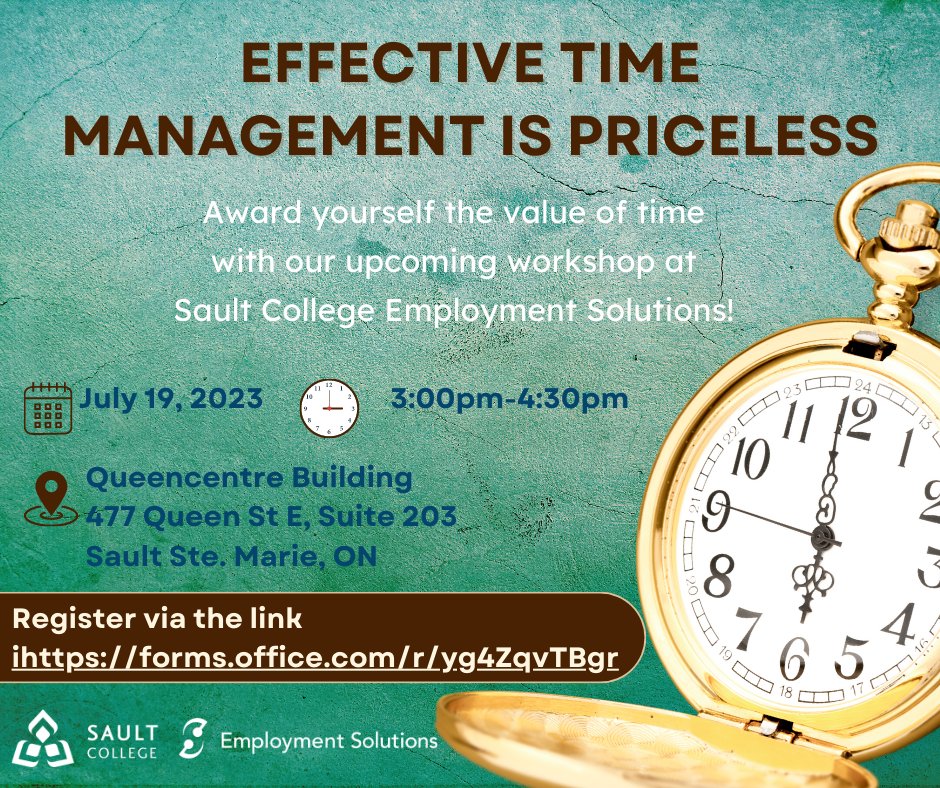 SaultCollegeES's tweet photo. Gain the tools to effectively manage your time professionally and personally.
Register with the link below to sign up for the free time management workshop at Sault College Employment Solutions. July 19th, 2023 3:00pm-4:30pm.
https://t.co/ldOS4cmRtX https://t.co/8CFkhdKsAM