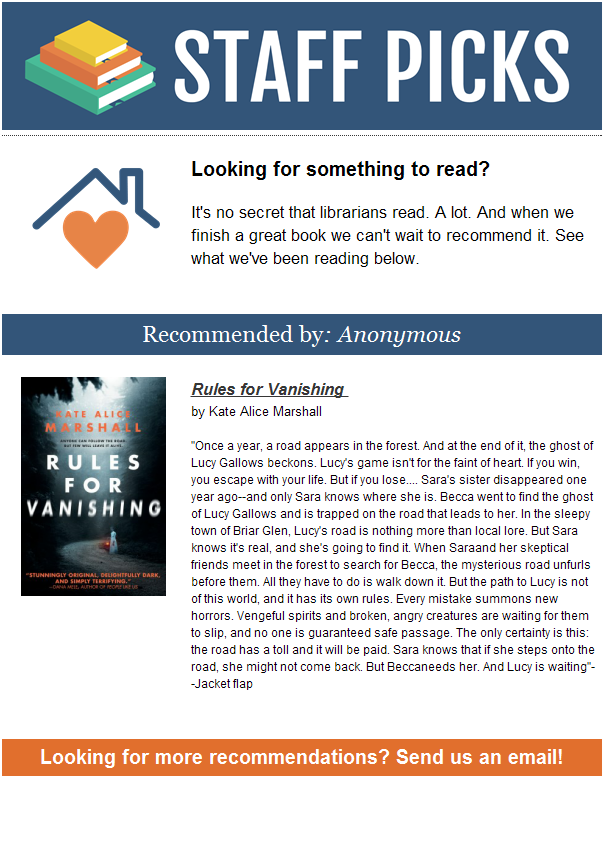 This week’s Staff Pick is the young adult fiction “Rules for Vanishing” by Kate Alice Marshall.      The book is about the bond of sisterhood when one goes missing and will do anything to find her sister.   #staffpick #staffread #fridayreads #ghoststory  libraryaware.com/2T8SYW