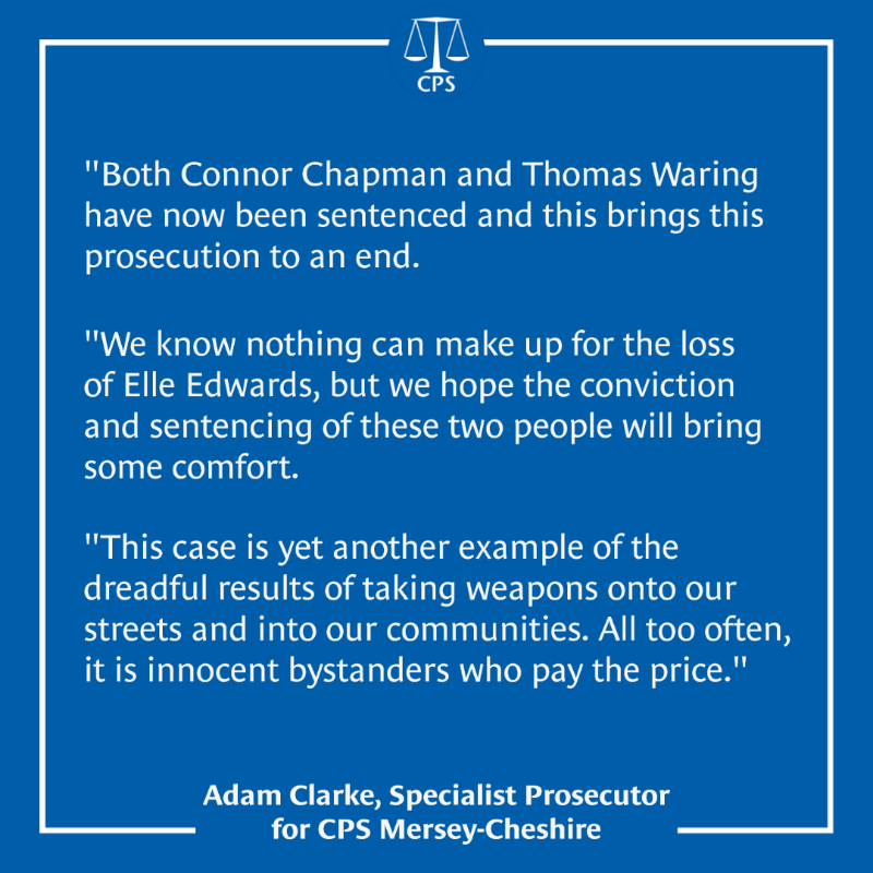 CPSUK's tweet photo. ⚖️ Connor Chapman, 23, from Birkenhead, has been sentenced to life imprisonment with a minimum term of 48 years for the murder of Elle Edwards on 24 December 2022.

Thomas Waring, 20, from Barnston, has also been jailed for nine years for assisting Chapman after the murder.