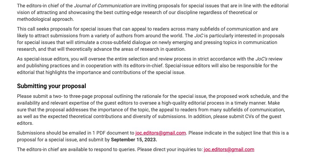Call for Special-Issue Proposals in the Journal of Communication

"...JoC is particularly interested in proposals for special issues that will stimulate a cross-subfield dialogue on newly emerging &amp; pressing topics in communication research..."
icahdq.org/mpage/CallforS…