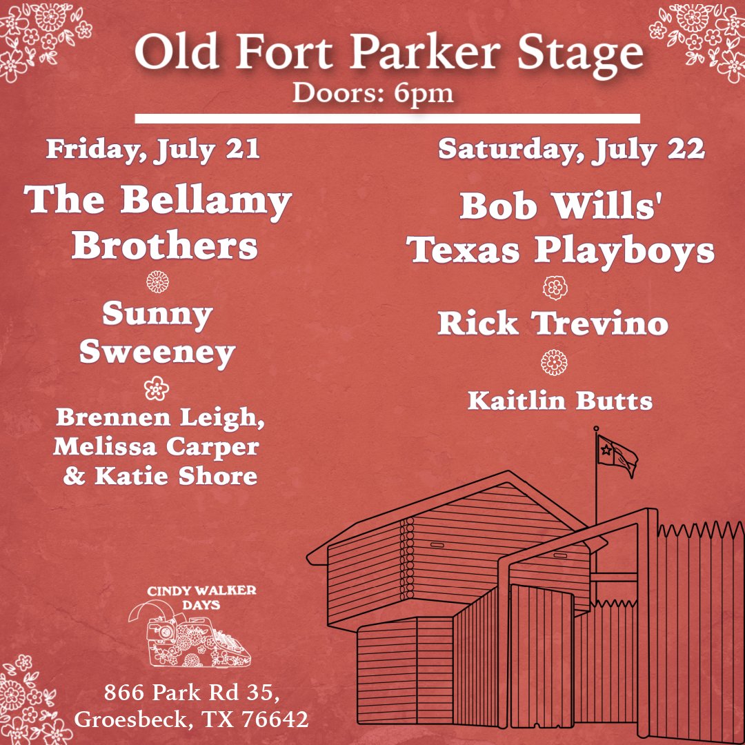 cindywalkerdays's tweet photo. Who's playing on the main stage at Old Fort Parker! Set times to be released soon with music starting at approximately 7pm each night! Tickets at https://t.co/l67h5rvFD2 https://t.co/o4LEsVj4Cj