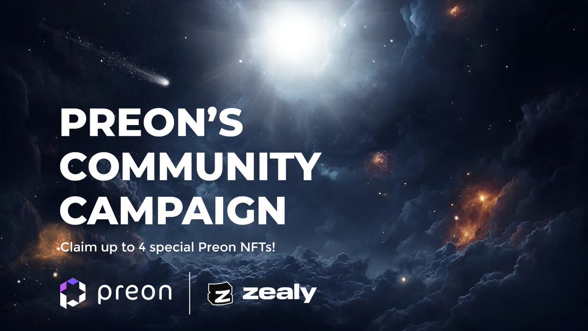PreonFinance's tweet photo. 🚨 Attention DeFi Maxis 🚨

📢 Introducing: Preon's @zealy_io Campaign

Complete quests, climb the leaderboard &amp; get rewarded 👑

🌟 Exclusive NFTs
🌟 Unique Discord roles
🌟 $PREON presale whitelist allocations
+ more

👉 https://t.co/hXZFXIhKxY https://t.co/twMp7V3BN5
